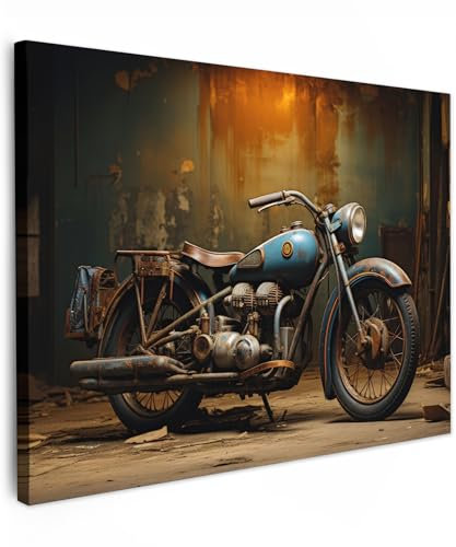 MuchoWow© Impression sur Toile Photo Peinture 80x60 cm Tableau Decoration Murale Chambre Salon Maison Deco Cuisine Vintage - Moto - Bleu - Ancien - Garage