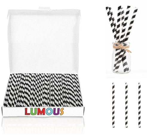 LUMOUS ROLA Paper Straws, 150 Pack Paper Drinking Straws, Bio Degradable Drinking Paper Straws Wedding Party, Party Straws, Restaurant, Juice Drinking Straws (150Pcs Black White Stripes)