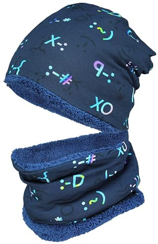 TupTam Jungen Beanie Mütze Schlauchschal Kinder 2er Set Herbst Winter gefütterte Übergangsmütze mit Loop, Farbe: Wintermütze Teddyfleece - Emoji Dunkelblau, Hat Size: 50