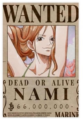 One Piece Nami Bounty Wanted Anime-Poster, 6 Stück, Leinwandposter, Wandkunst, Dekordruck, Bild Gemälde für Wohnzimmer, Schlafzimmer, Dekoration, ungerahmt, 30 x 45 cm