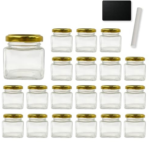 Espirito Rebelde 20x Pot en Verre Carré pour Épices 80ml avec Couvercle + 20 Ardoises + Craie - Bocaux Rangement Cuisine - Épices, Confiture, Yaourt