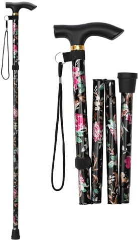 Klappbarer Gehstock Mit T-Griff - Höhenverstellbare Gehhilfe für Senioren, Behinderte, Männer und Frauen - Spazierstock in Schwarz (Schwarze Blume)