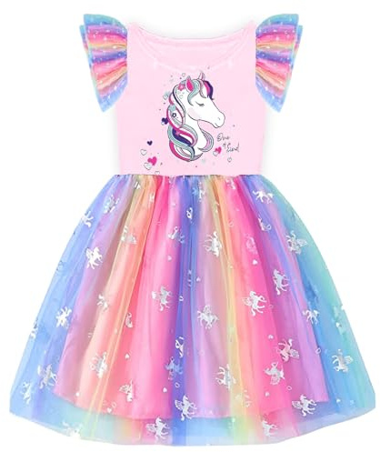 VIKITA Mädchen Kleider Einhorn Kleid Langarm Prinzessin Tüll Party Festlich Kleid 3-12 Jahre