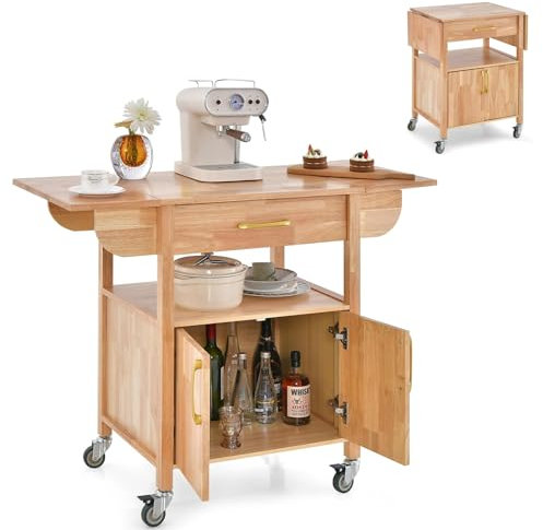 COSTWAY Carrito de Cocina con Ruedas, Mueble Auxiliar de Cocina de Hoja Abatible de Madera, Carro de Isla de Cocina con Cajón, Estante Abierto y 2 Puertas, Aparador Multiusos para Cocina, Comedor