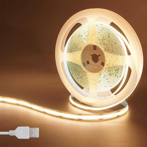 Clearhill 5V USB COB LED Strip Lights,6.56FT/2M,Warm White 3000K,320LEDs/M,8mm Width,Not Waterproof IP20,1M USB Cable,Flexible LED Tape Light for DIY Home Indoor Decoration
