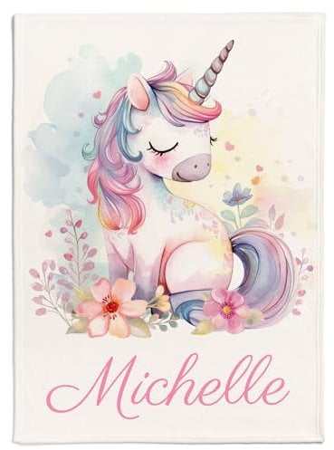Pictogogo Personalisierte Babydecke mit Namen und Datum - Kuschelige Meilensteindecke aus Minky-Fleece, Ideal als Geburtsgeschenk (Einhorn)