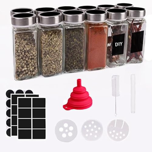 Deodak Pots à épices 12 x 120 ml, boîtes à épices pour cuisine, bocaux en verre hermétiques, avec tamis, étiquettes, stylo, brosse, entonnoir pots à épices
