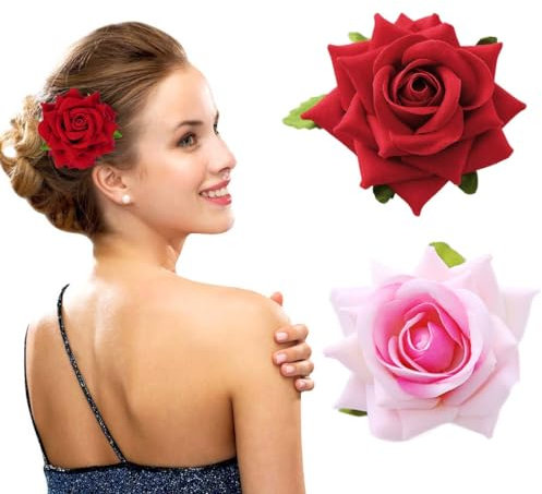 2PCS Pince à Cheveux Fleur Barrette Fleur Rouge Artificielle Fleur Clip à Cheveux Broche Corsage Poignet Eventail Broche Clip de Cheveux Accessoires de Cheveux de Mariage pour Femme Fille Décoration
