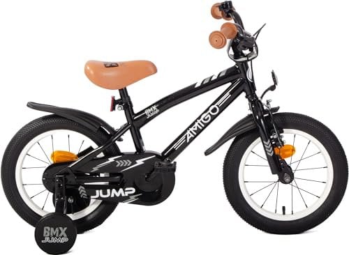 AMIGO BMX Jump - Kinderfahrrad Jungen - 14 Zoll - Mit Rucktrittbremse und V-Brake und Stützräder - ab 3-5 Jahr - Schwarz/Weiß