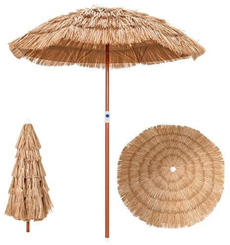 COSTWAY Parasol de Jardin Exterieur Ø175 cm, Inclinable et Hauteur Réglables 140-190 cm, Parasol Hawaïen Exotique en Paille PP à 5 Couches, Sac de Transport, 8 Baleines, pour Jardin Plage Piscine