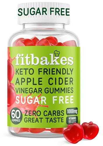 Fit bakes Sugar Free Keto Apple Cider Vinegar Gummies with Mother 1000mg 60 | 0 Carb, 3 Calories, Vitamin B12 B6 & Folic Acid, Vegan, Raw Unfiltered ACV gummies, Pomegranate & Beetroot powder, Fitbakes