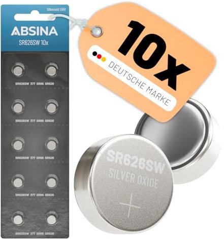 ABSINA 10x Batteria SR626SW orologio 1,55V ossido d'argento - batteria orologio SR626SW a tenuta stagna e lunga durata - pile SR626SW, batteria 377 orologio, SR626SW batterie orologi, pila SR626SW