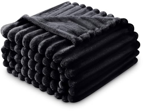 GC GAVNO CAVAILIA Ribbed Blanket Throw | Fluffy Fleece Throws For Sofas, Bed, Settee, Couch | Comfortable Extra Large Blankets & Throws | King Size 200x240 Cm | Black