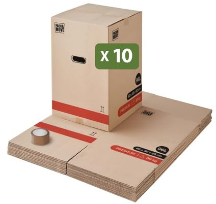 Pack And Move - Set 10 Umzugskartons Premium - 40 x 40 x 60 cm - Extreme Belastbarkeit 30 KG - Wiederverwendbar - Doppelwandig - Verstärkte Griffe - 1 Klebeband Gratis