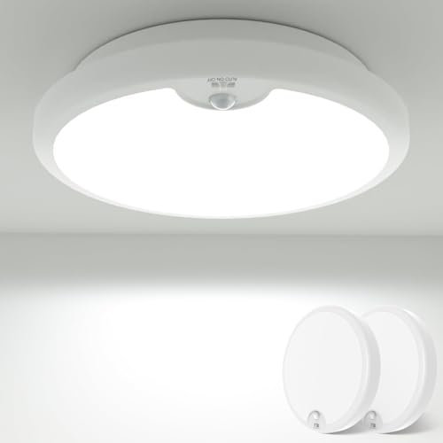 Peasur LED Deckenleuchte mit Bewegungsmelder Batteriebetrieben, 2 Stücke 18cm Lampe Innen Aussen, 300LM 6000K Treppen Deckenlampe für Schrank Balkon Abstellraum Keller Flur Garage Bad Küche
