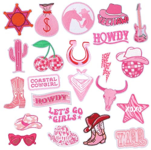 23pcs Western Iron on Patches, Pink Embroidered Patches Appliques Cowgirl Sew on Patches Vintage Embroidery Repair Patches for Clothing Hats Jackets Backpacks