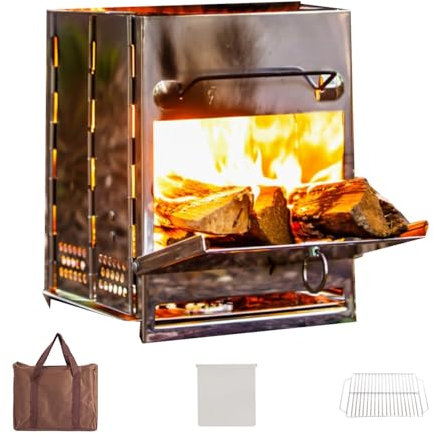 Mini Poele a Bois Pliable Poêle à Bois Pliable Réchaud à Bois en Acier Inoxydable pour Tente D'extérieur pour Le Camping en IntéRieur et en Extérieur(Medium)