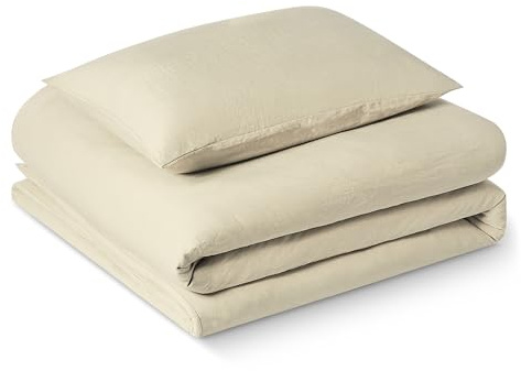 Amazon Basics Set Copripiumino Singolo in Microfibra Spazzolata, Extra Morbido con Trama Naturale, 2 Pezzi, copripiumino da 135 x 200 cm e 1 federa da 50 x 80 cm, Beige