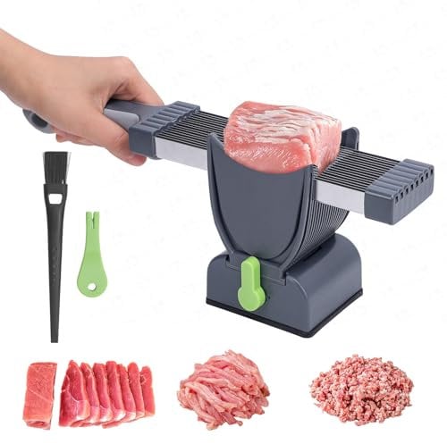 Fresh Meat Slicer Cleaver, Thickness Adjustable 2 or 4 mm, 17 in 1 Stainless Steel Manual Fresh Meat Cutter Food Slicer, Fresh Meat Slicing Shredding, Not for Frozen or Deil Meat (Grey)