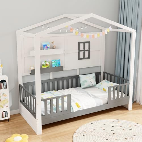 COSTWAY Lit Cabane Enfant 90 x 200 cm, Lit d'enfants avec Fenêtre 2 Etagères et Garde-Corps, Lattes en Bois pour Garçons et Filles, Lit 1 Place, Pas Besoin de Sommier, Blanc et Gris