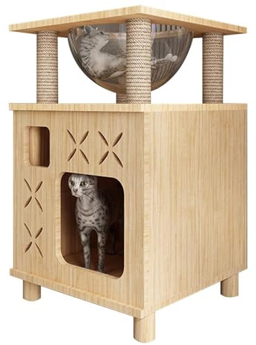 Katzenturm Baum mit Leinenseil Kratzbaum & 2-stöckiges Katzenhöhlenbett Spielhaus – Moderner bodenstehender Katzenbaum Turm für Indoor-Katzen – Gummiholz Katzenhaus Spielzeug
