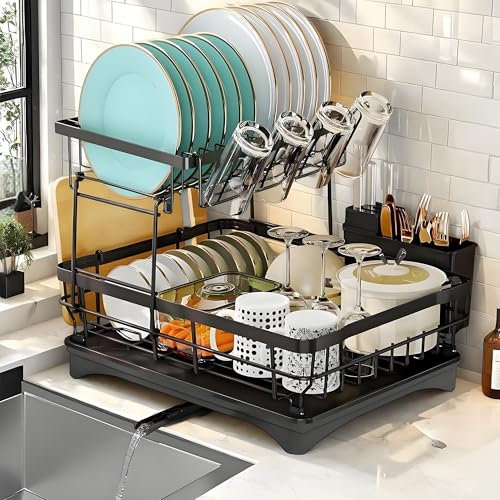 UAVAUI Dish Drainer Rack, 2 Tier Dish Racks for Kitchen Counter with Drip Tray, Stainless Steel Dish Rack with Utensil Holder, 360° Swivel Spout, Draining Board for Kitchen Counter, Black