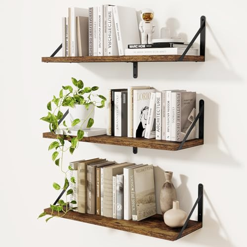 Feihorrm Set of 3 Book Shelf, Rustic Brown Shelves, 60cm Wall Shelves | Wooden Shelves, Shelves for Wall, Wall Mounted Shelves, Bookshelf for Bedroom, Living Room, Home Office & Book Storage