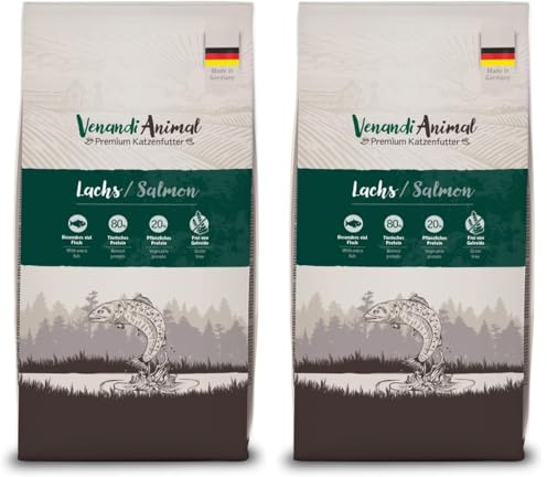 Venandi Animal – Premium Katzenfutter – Lachs, mit viel frischem Fisch, Trockenfutter, getreidefrei 2er Pack (1 x 1,5kg)