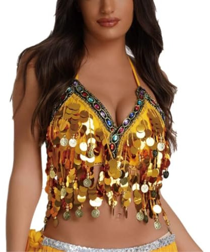 Paillettenbesetztes Bauchtanz BH Top für Damen, glitzernde Pailletten Neckholder Fransen Quaste, Bauchtanz Crop Tops rückenfreies Tube-Top mit Riemchen für Party, Karneval, Clubwear, Rave Outfits