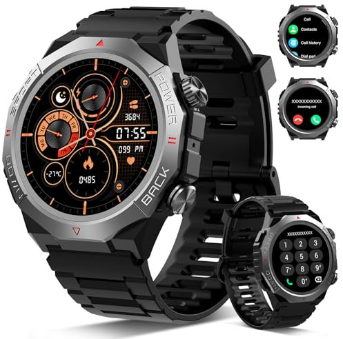 Militär Smartwatch Herren Damen, Smart Watch mitTelefonfunktion 1,39 Touchscreen, Herzfrequenzmonitor Schlafmonitor IP68 Wasserdicht Sportuhr, 110+ Sportmodi Fitnessuhr für iOS Android, Schwarz