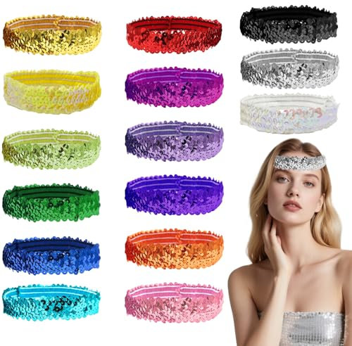 SAIIURV 20 Stück Glitzer Stirnband Pailletten Haarbänder Für Damen Mädchen Elastisch Haarband mit Pailletten Stilvoll Glitzer Stirnbänder 1920er Karnevals Haar Zubehör für Tanzen Party (20PCS, M)