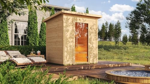 Saunamo Sauna Exterior de Madera Box para Jardín - para 4 Personas, Diseño Cerrado con Techo Inclinado y Puerta de Vidrio, Fabricada en Abeto Nórdico FSC, Montaje y Envío Opcionales