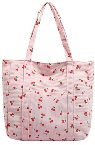 YAMEIZE Cherry Corduroy Tote Bag for Women Girls Cute Handbags Large Shoulder Bags with Zipper and Pockets for College Work Travel Shopping