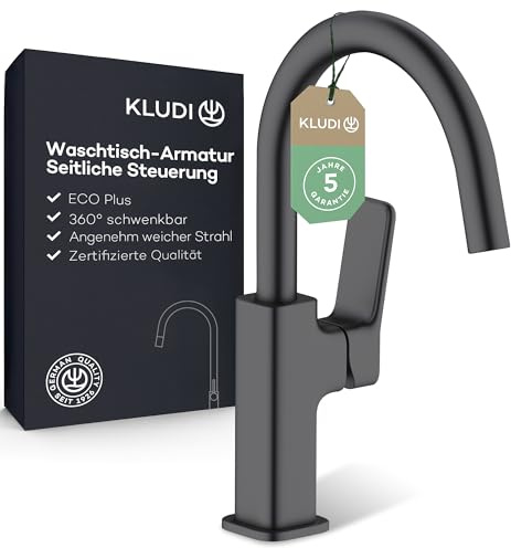 KLUDI-X3 Waschtischarmatur mit Push-Open Ablaufgarnitur, 360° schwenkbar, Auslaufhöhe 180 mm, wassersparender Wasserhahn Bad Schwarz Matt Größe L, Mischbatterie Waschbecken inkl. Anschlussschläuche