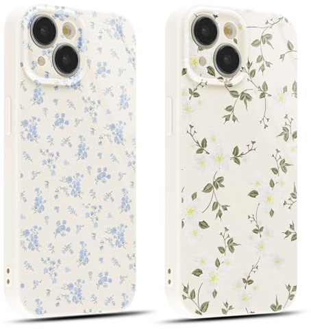 Krdvekm 2 Stück Hülle für iPhone 15 6,1, Handyhülle mit Aesthetic Muster Blume Design Glänzender Blitz Matte Schutzhülle,Weich Silikon Case Stoßfest Kratzfest Bumper Cover, Weiß