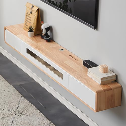 Ahtadums Massivholz TV Lowboard Hängend, TV Schrank hängend mit 2 Schubladen TV Board hängend, Mit Glastürfüllung, komplett montiert (Log+weiß, 180cm)