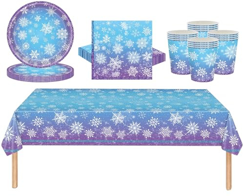 53Pcs Christmas Party Tableware Set for Table Decor, Blue Purple Snow 137x274cm Large Plastic Tablecloth Christmas Snow Party Paper Plates Cups Napkins Dinnerware Set for Xmas Favor Table ware