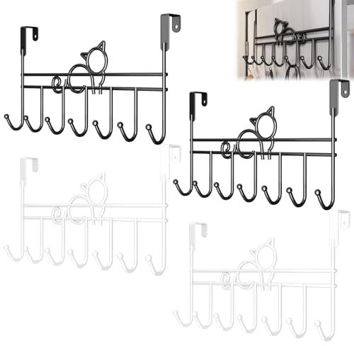 KIKAWORD 4Pcs Over The Door Hooks,Over Door Hangers with Cute Cat Pattern for Coats,Towels,Bag,Robe and More,Fits 1.37 to 1.77 Thick Doors(Black,White)