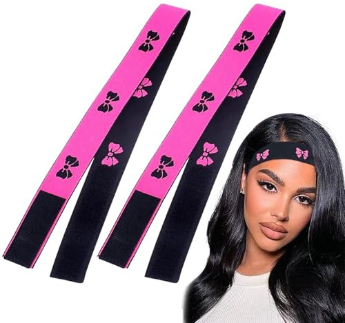 2Pcs Wig Band for Lace Front Wigs, Elastic Edge Laying Melt Band, Adjustable Wig Grip Headband Edge Control Melting Band for Melt Lace, Black & Pink