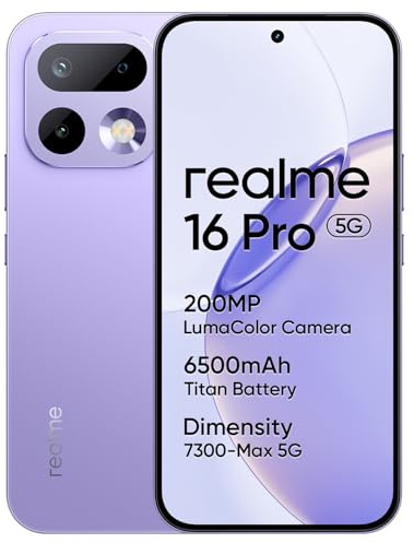 realme 16 Pro 5G Smartphone, 8GB+512GB, Display AMOLED 144Hz 6,78, Batteria 6500mAh, Fotocamera 200MP OIS, IP69K, Ricarica Rapida 45W, Doppia SIM, Next AI, Viola