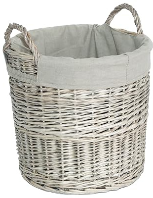 Wickerfield Round Wicker Laundry Basket with Lining, Large Storage Basket with Handle, Home Storage for Washing, Toys, Nursery (Grey Wash, Medium)