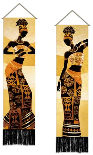SUPERDANT 2 Stück Afrikanische Dame Vertikale Wandteppich 51x13 Zoll 130x33 cm Lange Schmale Boho Wandbehang Farbige Ethnische Wandteppiche Für Wohnzimmer Schlafzimmer Eingangsbereich Büro Dekor