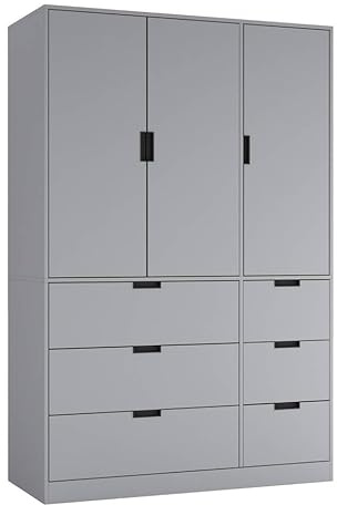 URBNLIVING 3-Door Wardrobe with 6 Drawers – Customisable Two-Tone Storage Unit - Grey Unit & Grey Doors & Drawers