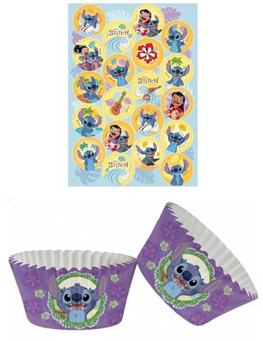 Dekozauber24 Stitch Kit de décoration pour muffin | 20 décorations comestibles pour muffins, 25 caissettes à muffins, sans gluten, sans lactose, végétarien