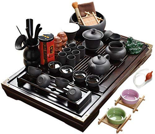 ufengke-ts Chinesisches Yixing Reines Schwarzes Zisha Tee Set Mit Hölzernem Tee Tablett, Keramik Kung Fu Tee Set Purpurrotes Lehm Teeservice, Für Geschenk Und Haushalt, Büro