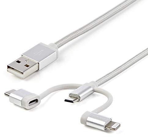 StarTech.com Cable Trenzado de 1m USB a Lightning USB-C y Micro USB - Cable Cargador para Teléfono Móvil iPhone iPad Tablet