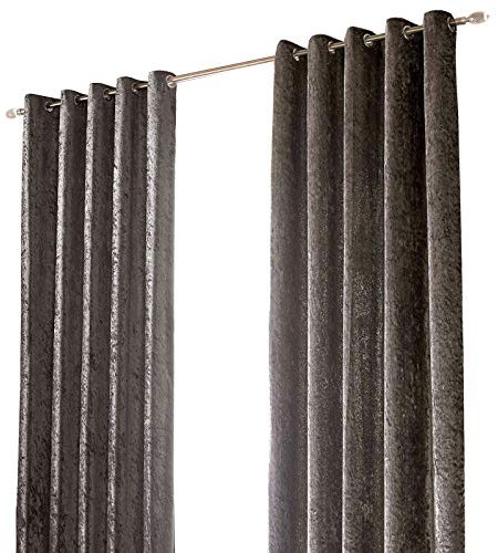 Sienna Crushed Velvet Curtain Eyelet Ring Top Pair of Fully Lined Curtains, Soft Luxury Charcoal Grey Thermal Insulated Curtains Window Treatment 2 Panel, 66 x 72