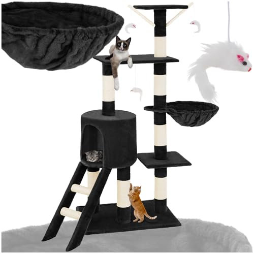 tectake® Kratzbaum, Katzenbaum für Katzen, Kratzbaum mittel groß mit Sisalstangen, Höhle und Treppe, Katzenhaus 144 cm hoch, Kletterbaum für Katzen, Spielbaum für Katzen - schwarz