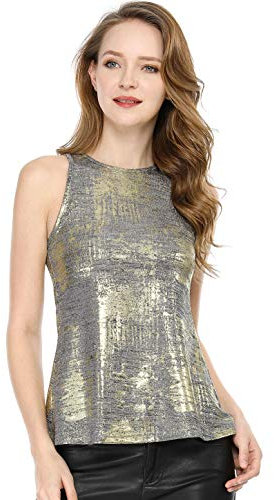 Allegra K Damen Pailletten Oberteil Metallic Glitzer Ärmellos Club Party Camisole Tank-Tops Silber XL