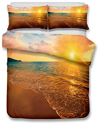 Bettbezug Set Einzelbett 3D Strand Palme Dawn Dusk Orange Schwarz Sonnenaufgang Sea Wave Urlaub Stil Hochwertiges Polyester Bettwäsche Set Bettbezug mit Kissenbezug (Gelb, 140 x 200 cm)